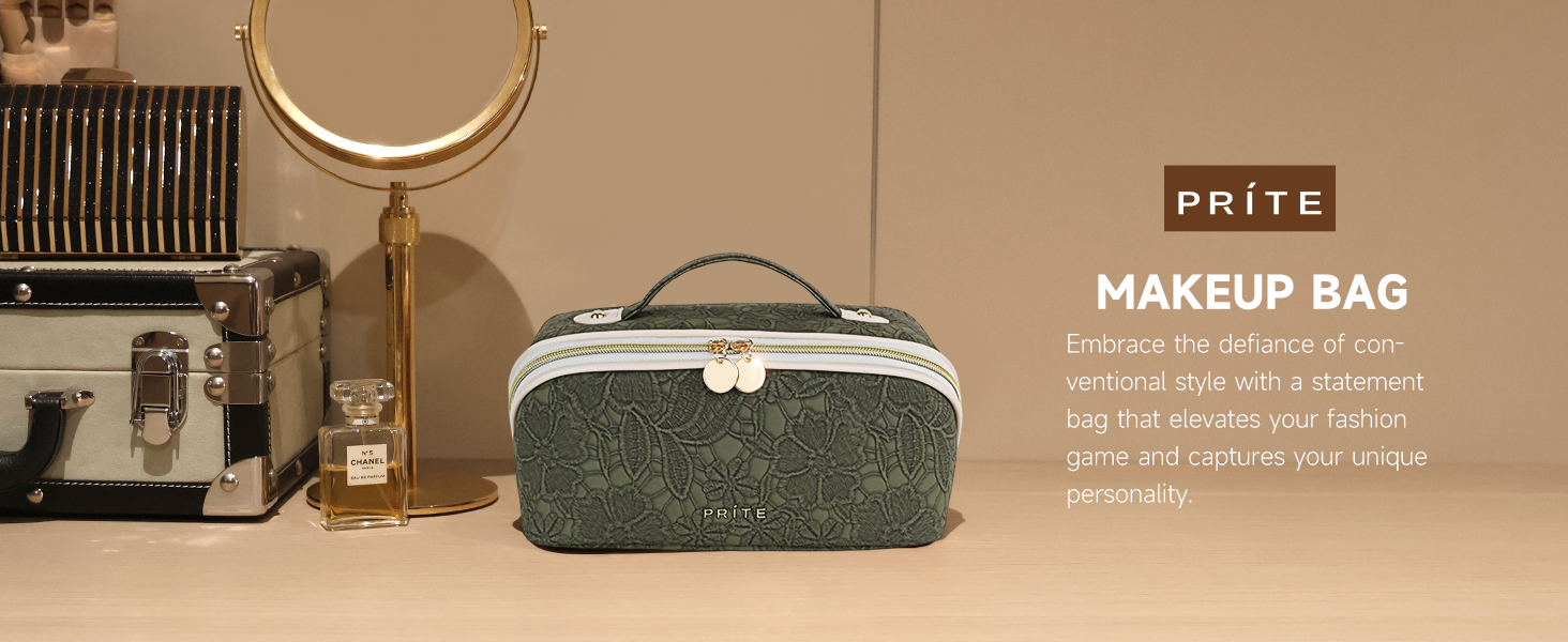 Косметичка для подорожей великого об'єму з прозорими перегородками, зелена квітка, водонепроникна, з PU-шкіри