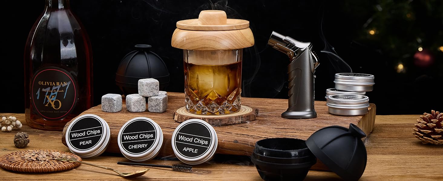 Набір для димування коктейлів та віскі – 6 видів деревини, ліхтарик, генератор диму (без бутану) – покращений нагрівач, 2 форми для льоду, 6 гранітних каменів