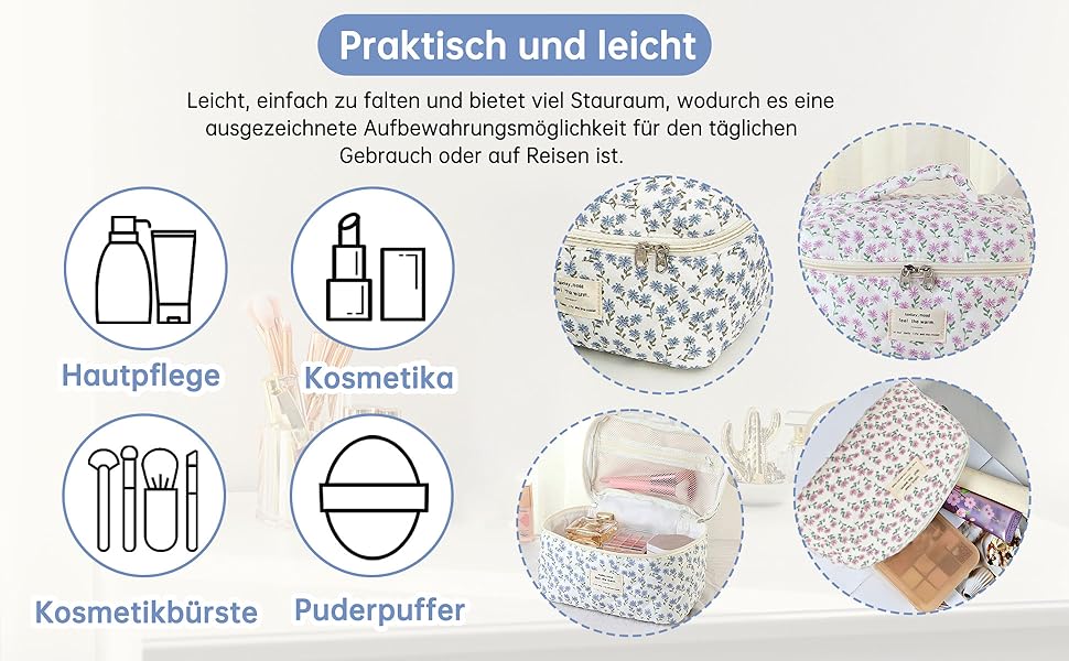 Косметичка для жінок, набір 3 шт. велика бавовняна косметичка для подорожей, органайзер для макіяжу, косметична сумочка з квітковим візерунком (блакитна павічева квітка)