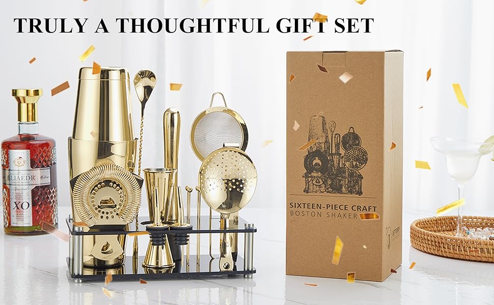 Набір шейкерів Boston - 16 предметів з нержавіючої сталі з акриловою основою, набір для приготування коктейлів (золотий)