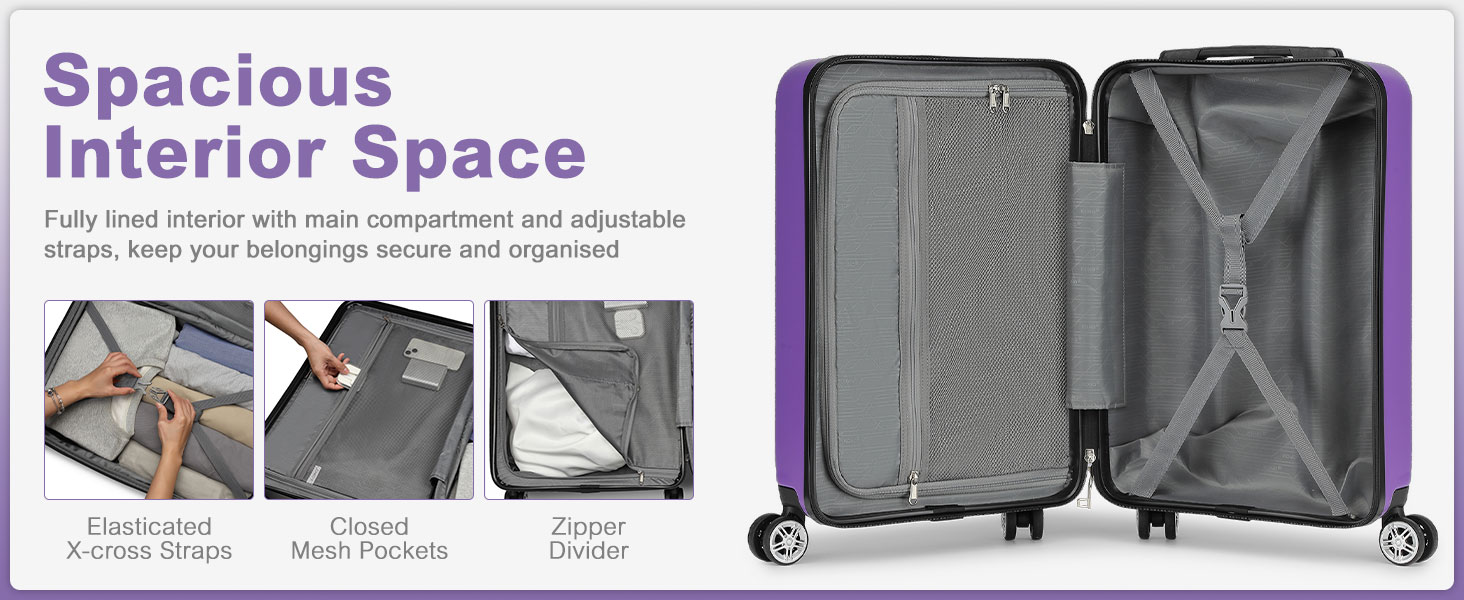 Чемодан-валіза KONO з розширенням, жорсткий, легкий, XL, з TSA-замком та 4 колесами, 75x47.5x29.5 см (M(55x35x22 см), фіолетовий)
