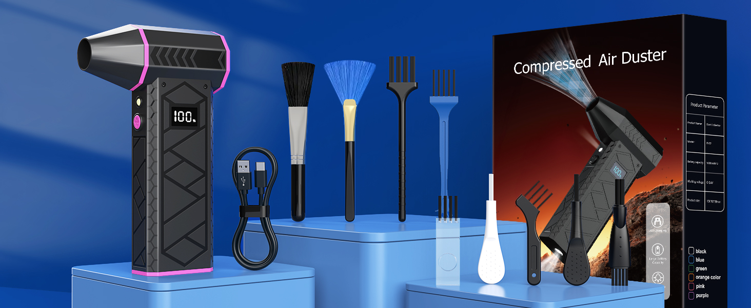 Електричний пилосос-фен, 10000mAh, LCD, міні-фен з ліхтариком для відпочинку на природі, 180000RPM, 4-та ступінь сили, чорний