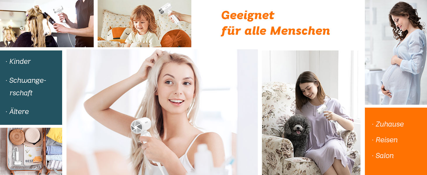 Подорожній фен з дифузором, легкий та компактний 1500W, Supgaliy Mini Іонний фен (290г, суперлегкий, 2 аксесуари для укладки, 4 температурні режими, 2 швидкості повітря)