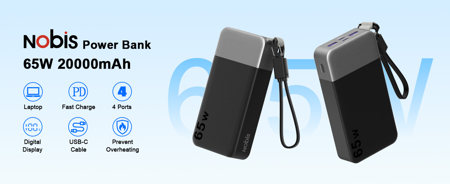 Повербанк NOBIS 20000 mAh 65W з вбудованим кабелем, швидка зарядка, 2x USB-C та 2x USB-A, для ноутбуків, планшетів та смартфонів, чорний