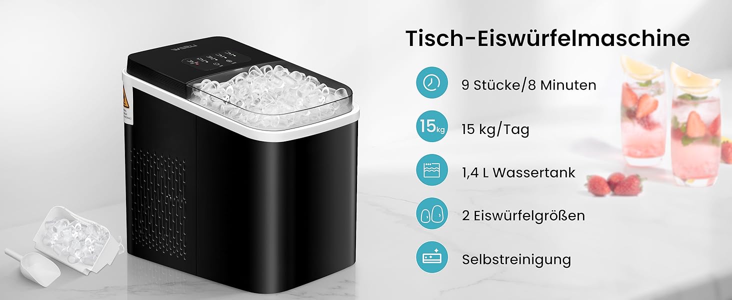 WOLTU Compact Ice Cube Maker Machine - Fast Ice Production (8 Cubes/6-8 Min) - 12kg/24h Capacity - Portable with Handle - Self-Cleaning - 2 Sizes - Ice Maker for Home, Camping, Office (1.4L, Black)