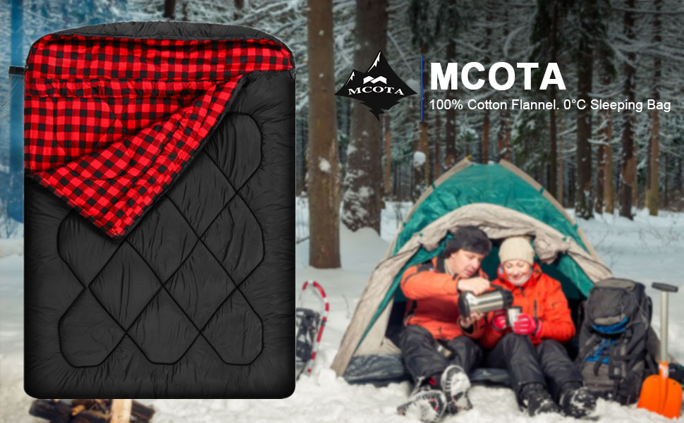 Спальний мішок Mcota Winter 0°C, Queen-Size, для 2 осіб, з бавовняним фланнелевим підкладкою, теплий та водонепроникний, для кемпінгу, риболовлі та полювання в холодну погоду, червоний