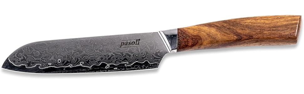 Pasoli Damascus Santoku Knife incl. Blade Protector | 67-Layer VG-10 Damascus Steel | Sharp 13 cm Blade | Elegant Wooden Handle | Ideal Chef's Knife