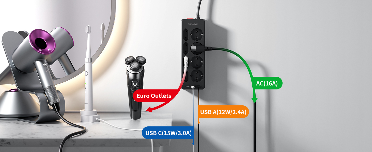 Мережевий фільтр Sameriver 8-фазний з захистом від перенапруги, 3 USB, вимикач, кабель 3M, чорний