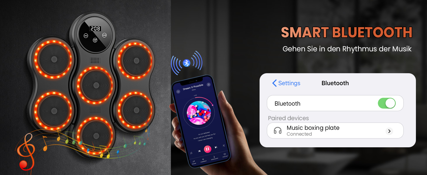 Музична боксівська машина IERAKOR з LED-підсвічуванням, Bluetooth, 9 режимів швидкості, для дорослих та дітей, чорна