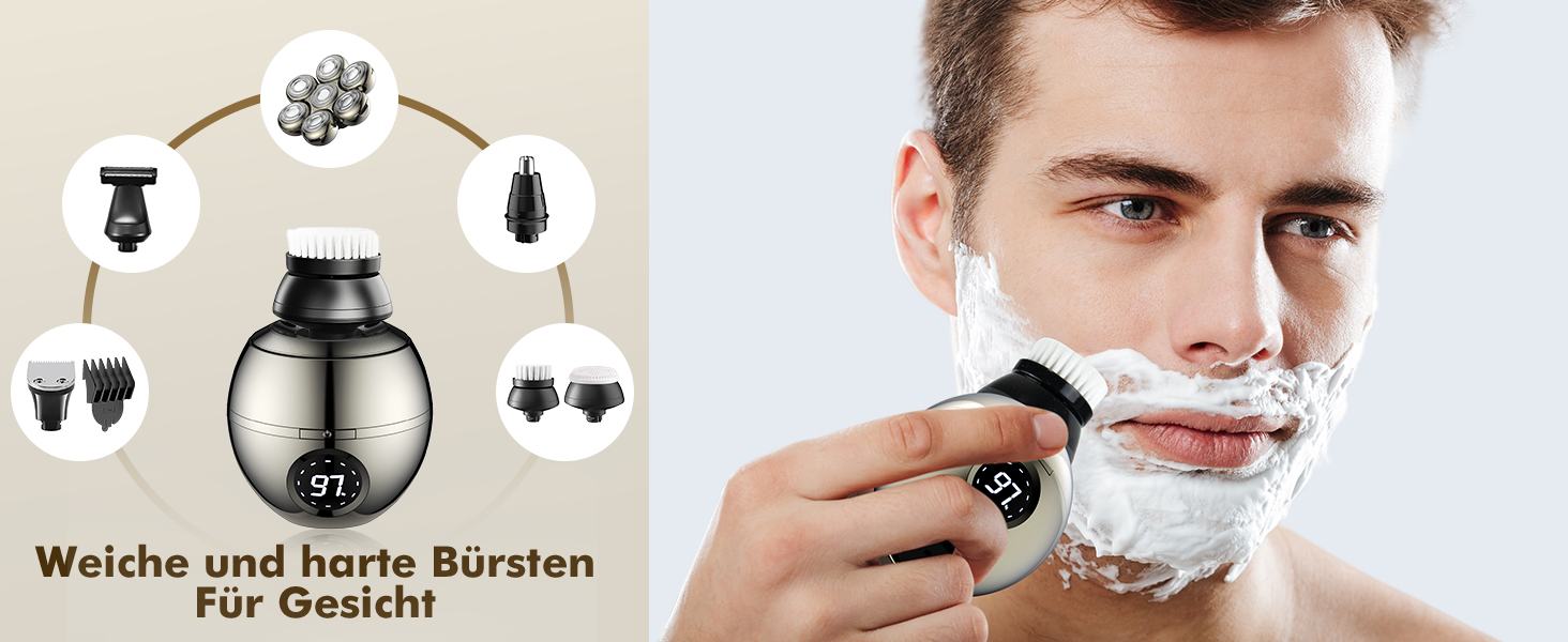 Електричний голєний апарат ETENTOUS Glatzen Rasierer для чоловіків 6-в-1, з 7 ротаційними головками та тримером для бороди, водонепроникний (IPX6), USB-C, для гоління голови та бороди