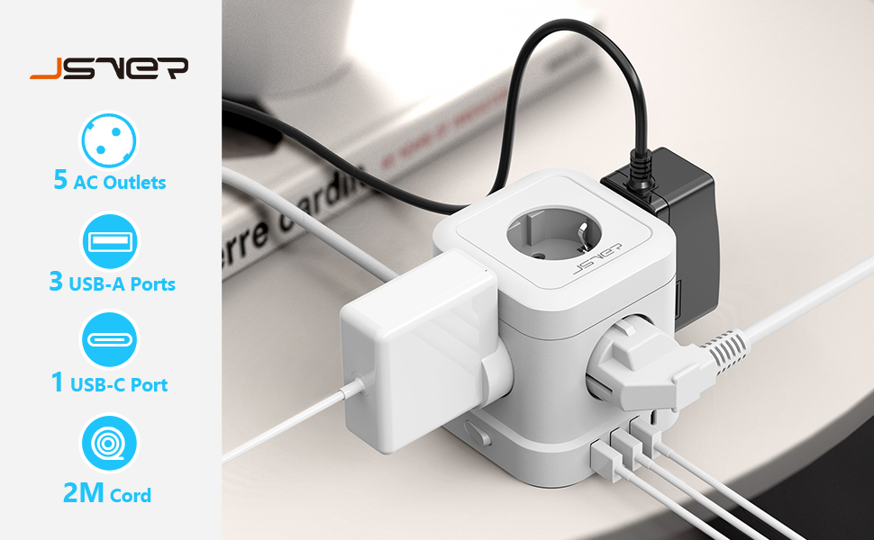 Сетевой фильтр JSVER Cube 5-портовый с USB, кубический сетевой фильтр (3680W 16A) с 4 USB-зарядками (17W), для столу, офиса, дома или в поездку, 2м кабель, белый