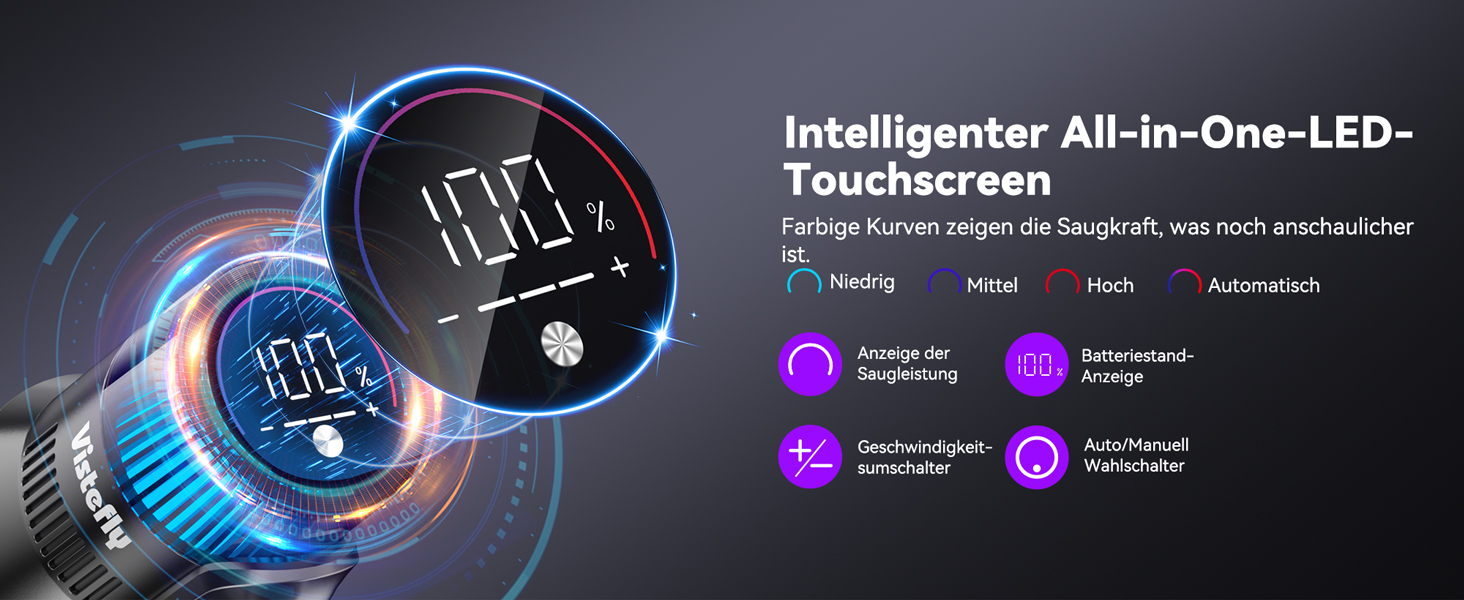 Бездротовий пилосос Vistefly V15s Max з акумулятором, 55000Pa, 75 хвилин роботи, 580W, сенсорний екран, 8 в 1, автоматичне розпізнавання пилу, для шерсті тварин, твердих поверхонь та килимів