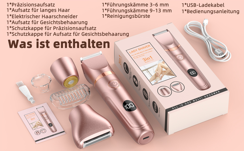 Електричний тример для бікіні Lady Shaver 3-в-1 для жінок: ноги, тіло, інтимна зона. Безпечний для чутливої шкіри. Rose Gold