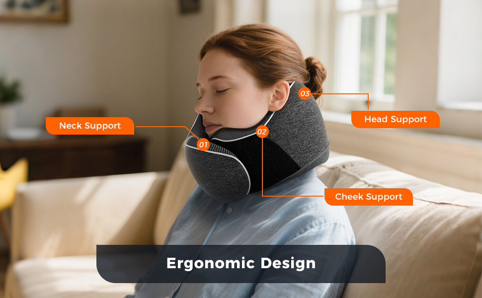 Подушка для шиї у подорожах: м'яка, з memory foam, для автомобіля та літака, з навушниками та маскою для сну (світло-сіра)