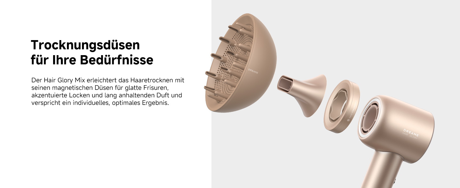Фен DREAME Hair: Швидке сушіння, 110 000 обертів/хв, іонізація, регулювання температури та потужності, насадки, тиха робота, білий (золотий, Glory Mix)