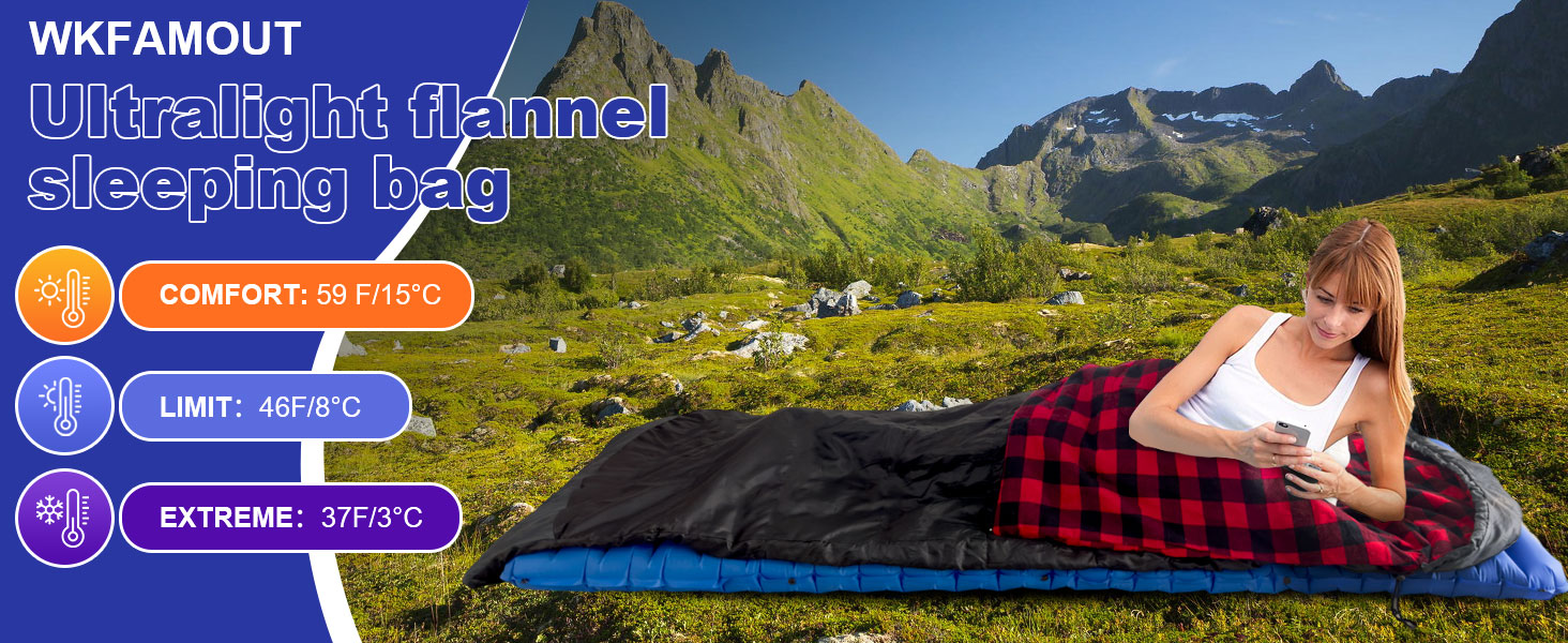 Сплячий мішок WKFAMOUT Ultralight для кемпінгу та подорожей, чорний, 220x80 см, R-Zip, Flanell