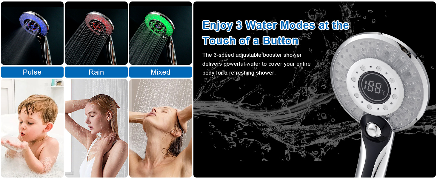 LED Shower Head, Rain Shower with 3 Color Changing Lights, Temperature Control, Handheld Shower with Digital Temperature Display, Large, Water-Saving, Pressure-Boosting Shower Head, Chrome