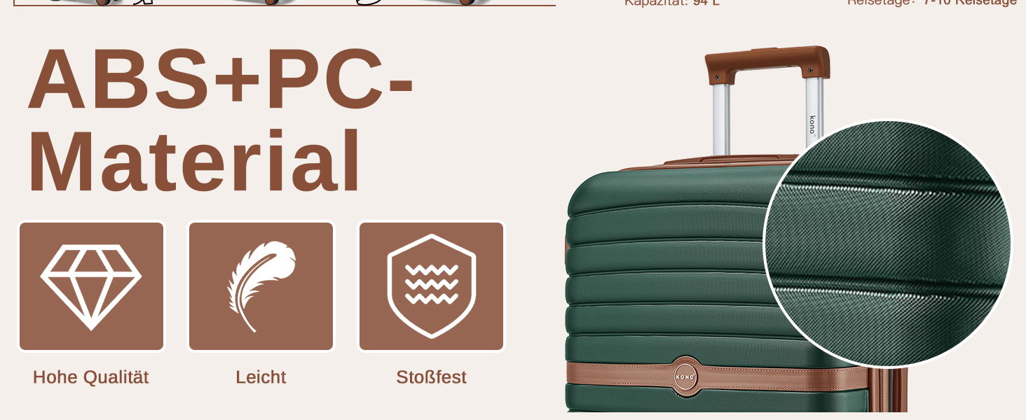 Чемодан KONO Reisekoffer Trolley 3-частинний з ABS+PC, жорсткий, з подвійними колесами та кодовим замком (великий 76 см, темно-зелений/коричневий)