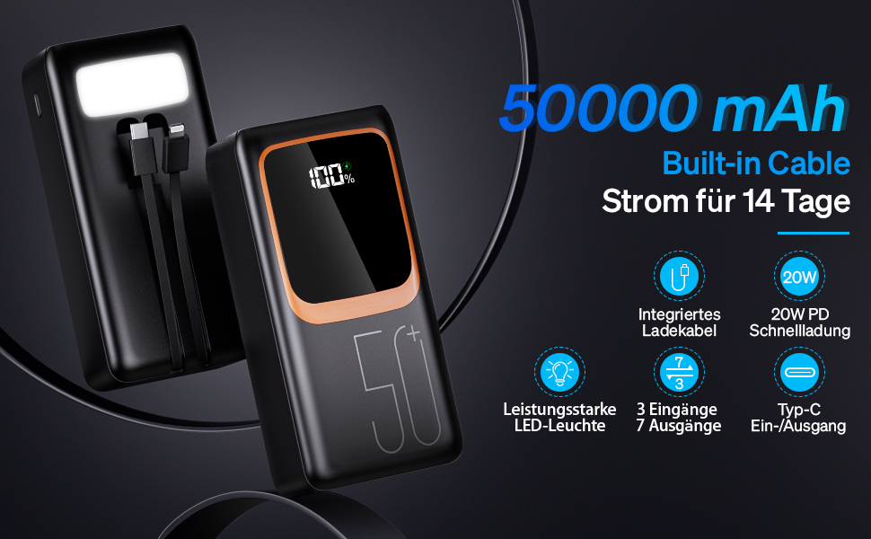 Портативний зарядний пристрій Power Bank 50000 mAh з вбудованим кабелем: швидка зарядка 22,5W, велика ємність, LED-ліхтарик, 7 виходів & 3 входи, чорний