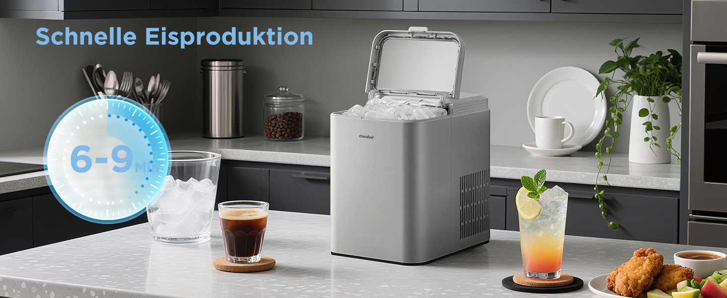 Машина для льоду COMFEE' RCI12BL1EU(E) – швидке приготування, 12 кг/добу, самоочищення, сірий колір