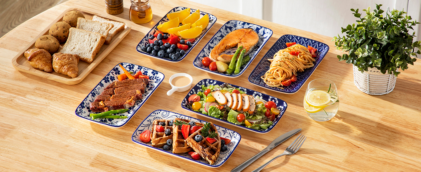 Набір сервірувальних тарілок Vancasso SELENE (6 шт.) - великі, прямокутні, порцелянові, для свят, сніданків, фуршетів, сирної тарілки, мікрохвильова піч та посудомийна машина, блакитно-білі