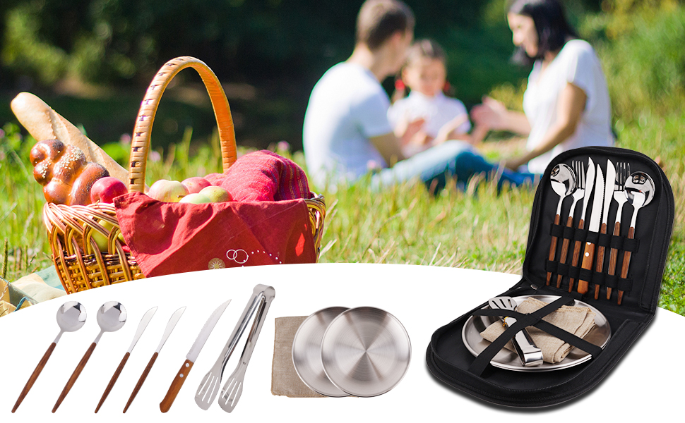 Набір посуду для кемпінгу на 2 особи, 12 предметів, нержавіюча сталь, столові прибори для пікніка, портативні чохли, ручки з імітацією дерева, килимок на стіл