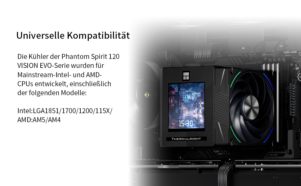 Кулер для процесора Thermalright Phantom Spirit 120 EVO, 7 теплових трубок, 2 PWM вентилятори, 2150 RPM, сумісність з AMD AM4/AM5 та Intel LGA 115X/1200/1700/1851/20XX, чорний