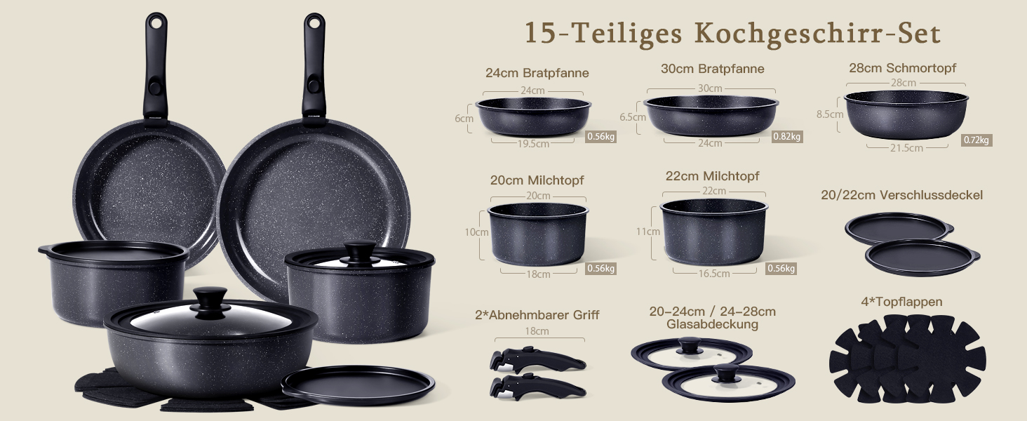 Набір посуду GiPP 15Plus: сковороди та каструлі з знімними ручками, індукційне дно з керамічним антипригарним покриттям, 15 предметів, чорний