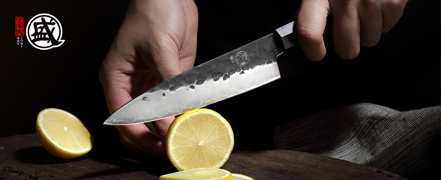 Японський ніж Santoku Mitsumoto Sakari 19 см з ручкою з рожевого дерева та дерев'яною коробкою, ніж для овочів 14 см