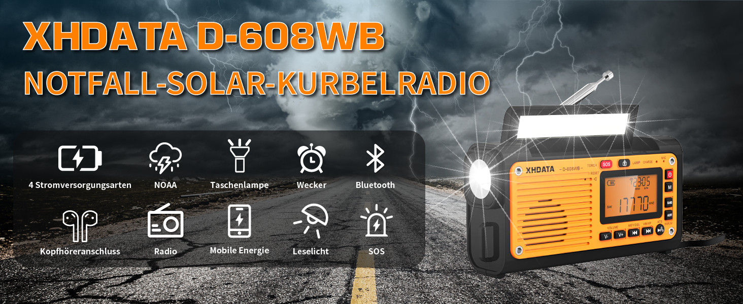 Радіо XHDATA D608WB з ручним генератором та сонячною панеллю, 3000mAh, LED ліхтарик, Bluetooth, FM/MW/SW, SOS-сигнал, для кемпінгу та активного відпочинку