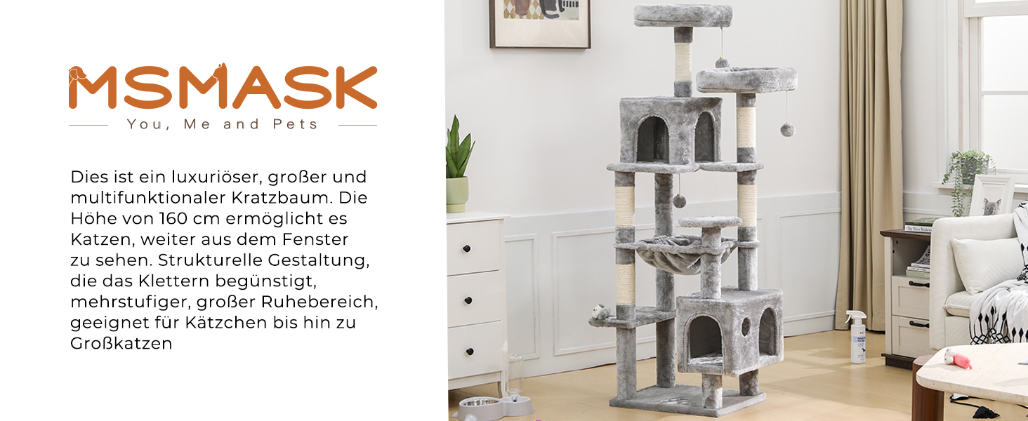 Кігтеточка для котів MSmask велика, 160 см, сіра: багатоярусна з 2 платформами, 2 будиночками, гамаком та сизалевими стовпчиками