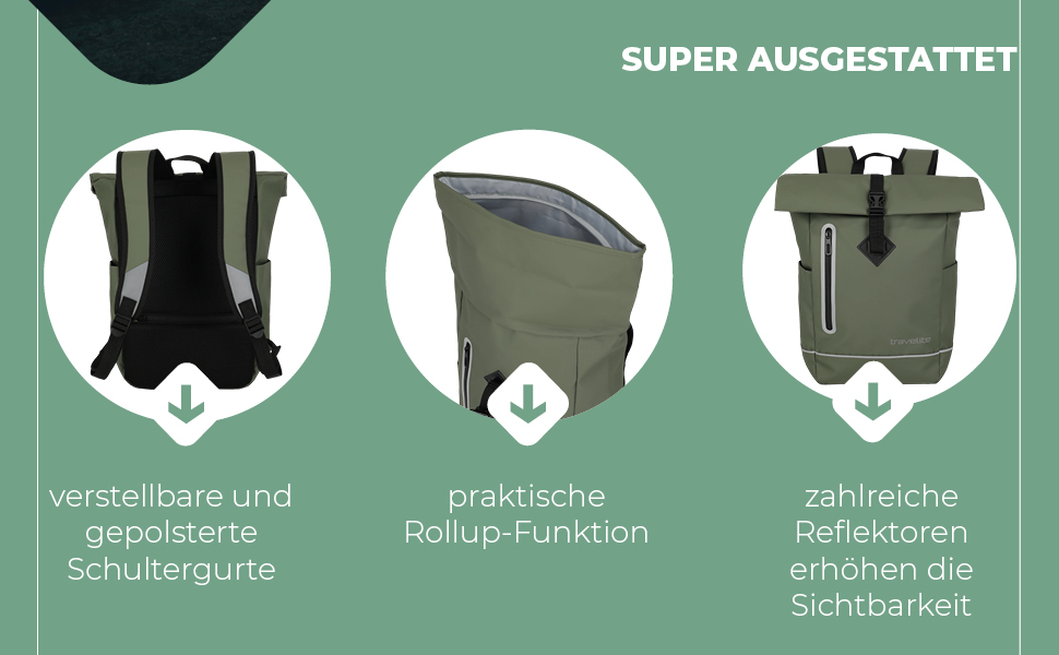 Рюкзак Travelite BASICS Rolltop 19 л, водонепроникний, велосипедний, з відбивачами, оливковий, 48 см