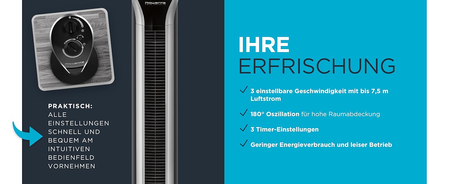 Вентилятор Rowenta Eole Infinite VU6620: тихий, потужний, з пультом керування, 3 швидкості, таймер, чорний