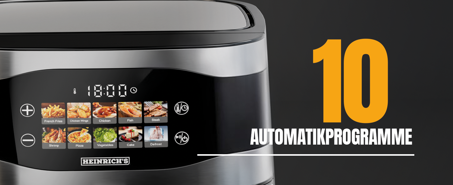 Фритюрниця повітряна HEINRICHS 9L XXL з LED-дисплеєм, 10-в-1, 1800W, без жиру, з таймером, сенсорне управління, для кухні