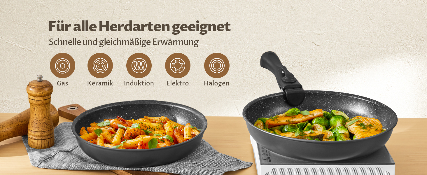 Набір сковорідок Fadware Induktion: антипригарне покриття, 20/24/28 см, знімний ручка, для всіх плит, PFOA/PFAS-free, для духовки, легке миття, для кемпінгу