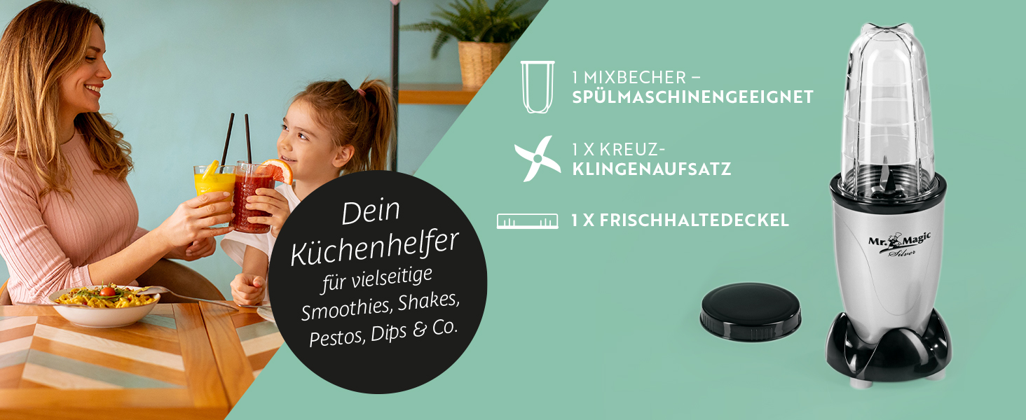 Блендер GOURMETmaxx Mr. Magic Mixer 4-в-1, міксер для смузі, подрібнювач, 8 функцій, з чашею та кришкою, для шейків, смузі, коктейлів