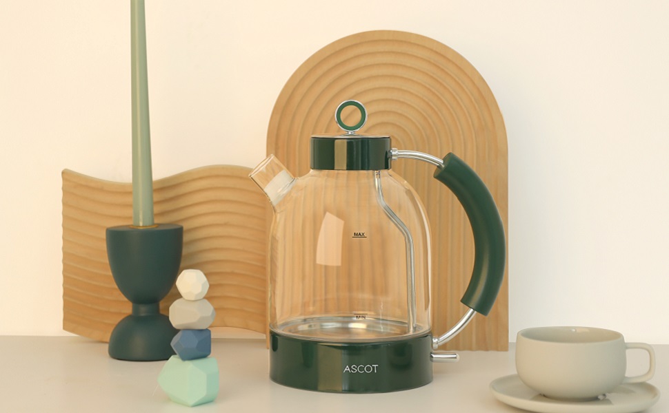 Електричний чайник ASCOT зі скла та нержавіючої сталі, 2200W, 1.5L, без BPA, тихий, швидкий, бездротовий, з захистом від сухого кипіння та автовимкнення, білий (Смарагдовий)
