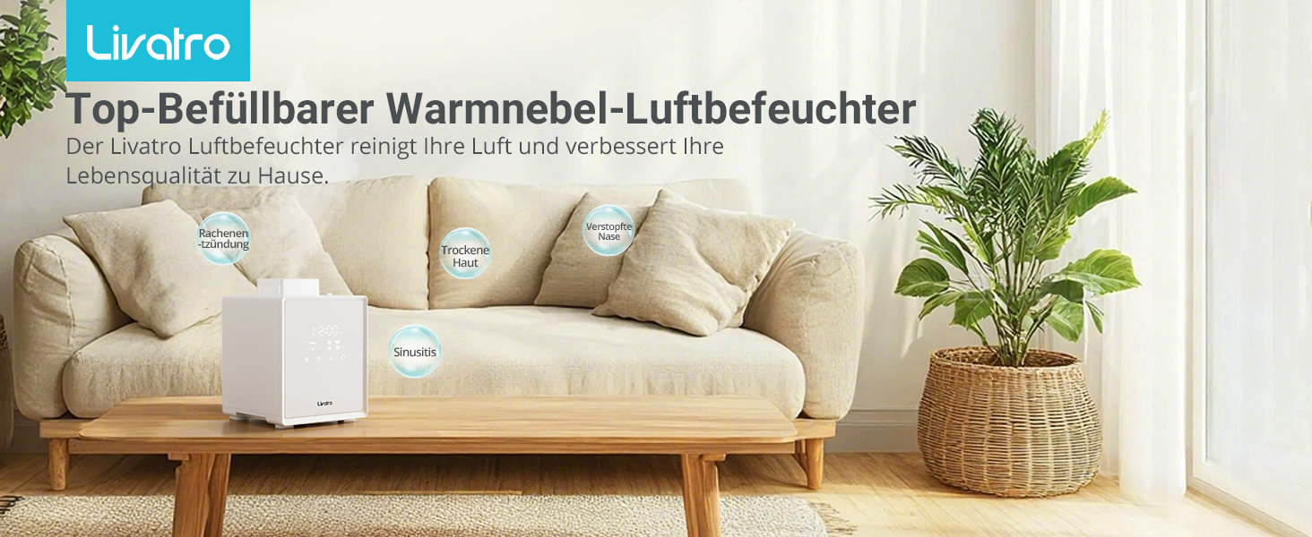 Зволожувач повітря для спальні та вітальні з верхнім заповненням, 3л, нержавіюча сталь, теплий туман, знищує 99,97% бактерій, з режимом сну, білий