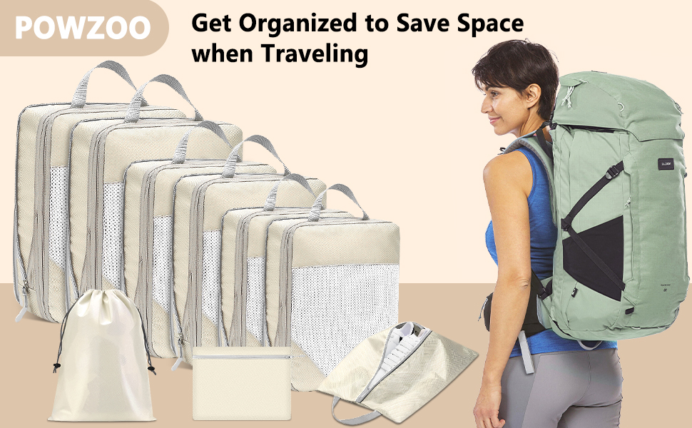 Набір органайзерів для валізи 9 шт. бежевого кольору: компресійні пакети для одягу, взуття, подорожей