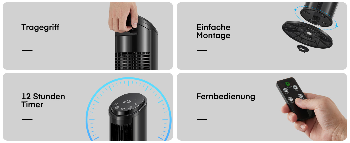 FOHERE Вентилятор Тур - Безшумний, 102 см, з пультом, 4 режими, 12 швидкостей, таймер 12 год, швидкість 7,6 м/с, для дому, спальні, офісу, чорний