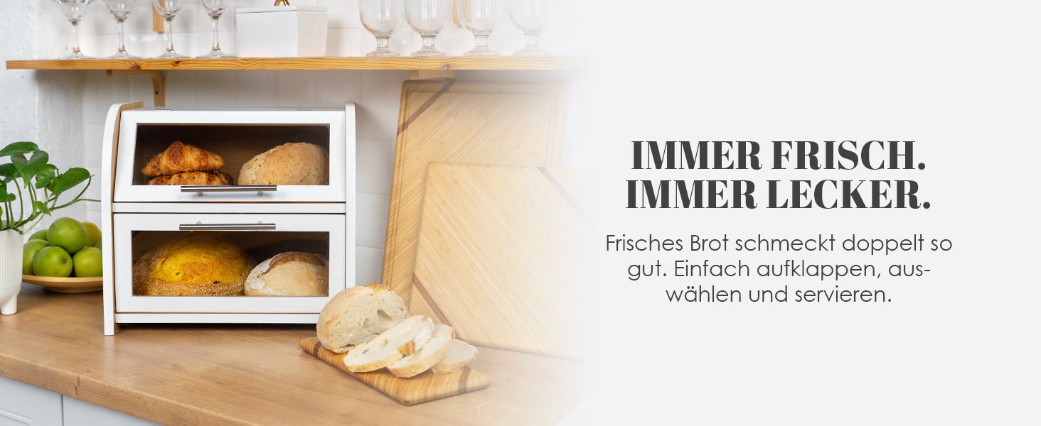 Бредониця Arise з вентиляцією, велика для зберігання хліба, 2 полиці та вікно, дерев'яна для хліба, булок, зберігання. 40 x 26 x 37, бамбук White, самостійна збірка