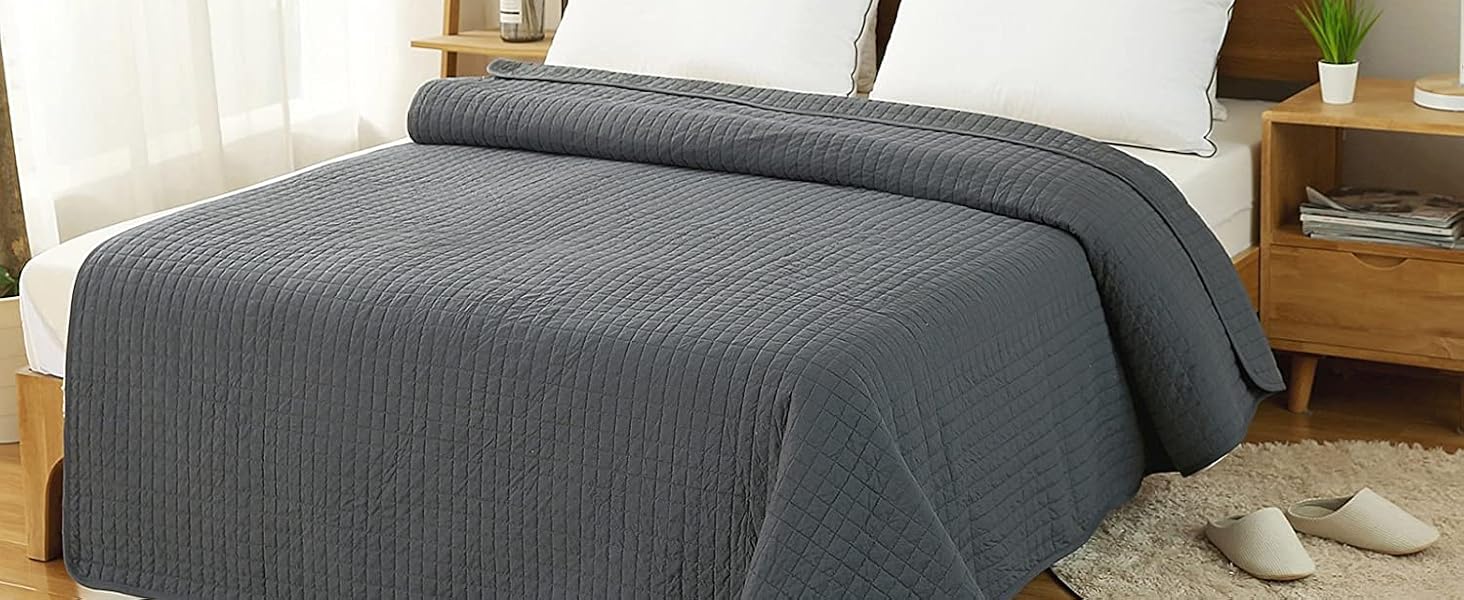 WOLTU Плед-плед для ліжка 170x210 см, стеганий плед з ефектом 2-в-1, Patchwork, перевернутий дизайн, в клітинку, сірий+світло-сірий, для двоспального ліжка