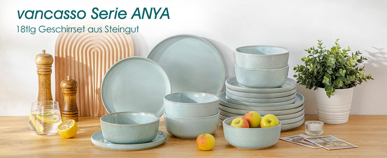 Набір посуду Steingut vancasso ANYA Mintgrün (18 предметів) - 6 осіб, сучасний сервіз з тарілок та мисок, сумісний з посудомийною машиною та мікрохвильовою піччю