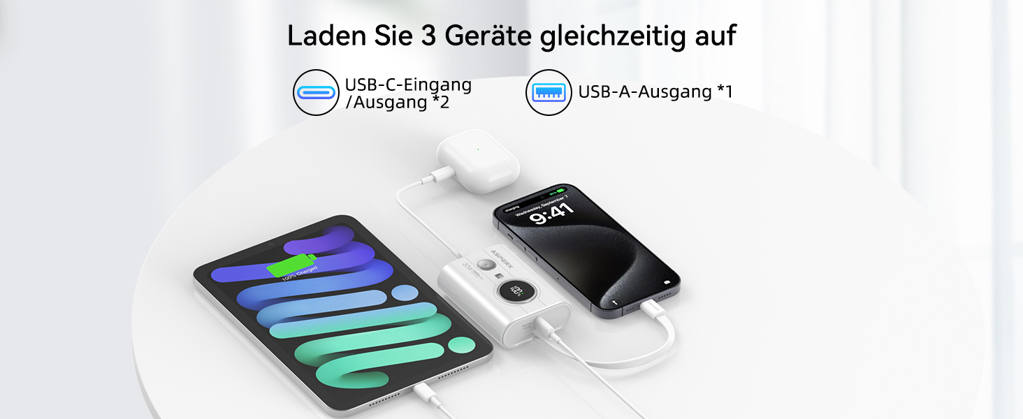 Power Bank AsperX 10000mAh з PD 30W, USB-C, білий. Швидка зарядка для iPhone 15/14, iPad. Компактний акумулятор