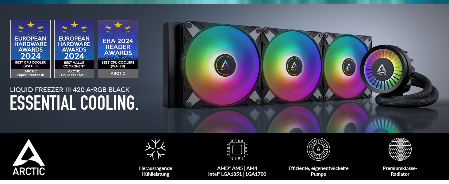 Система водяного охолодження ARCTIC Liquid Freezer III 420 A-RGB: 3x140 мм, радіатор 38 мм, PWM-помпа, підтримка AMD AM5/AM4, Intel LGA1851/1700