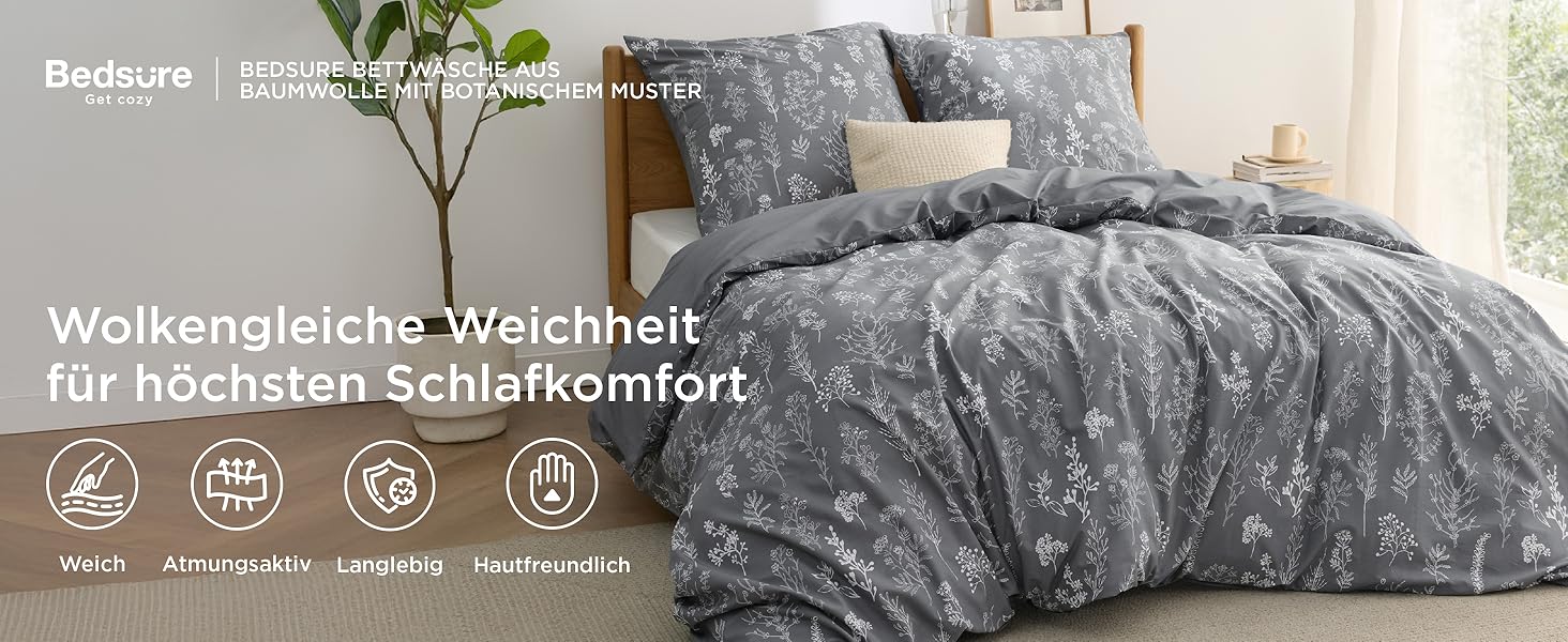 BEDSURE Комплект постільної білизни 135x200, бавовна, 4-х частинний - сірий, з крізь-застібкою, з двома наволочками 80x80 см, з малюнком гілок, сертифікат ÖKO-TEX