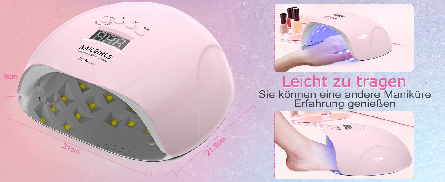 LED UV лампа для нігтів NAILGIRLS 150W з таймером, датчиком та LCD дисплеєм. Підходить для гель-лаку, пальців та нігтів. Рожевий колір.