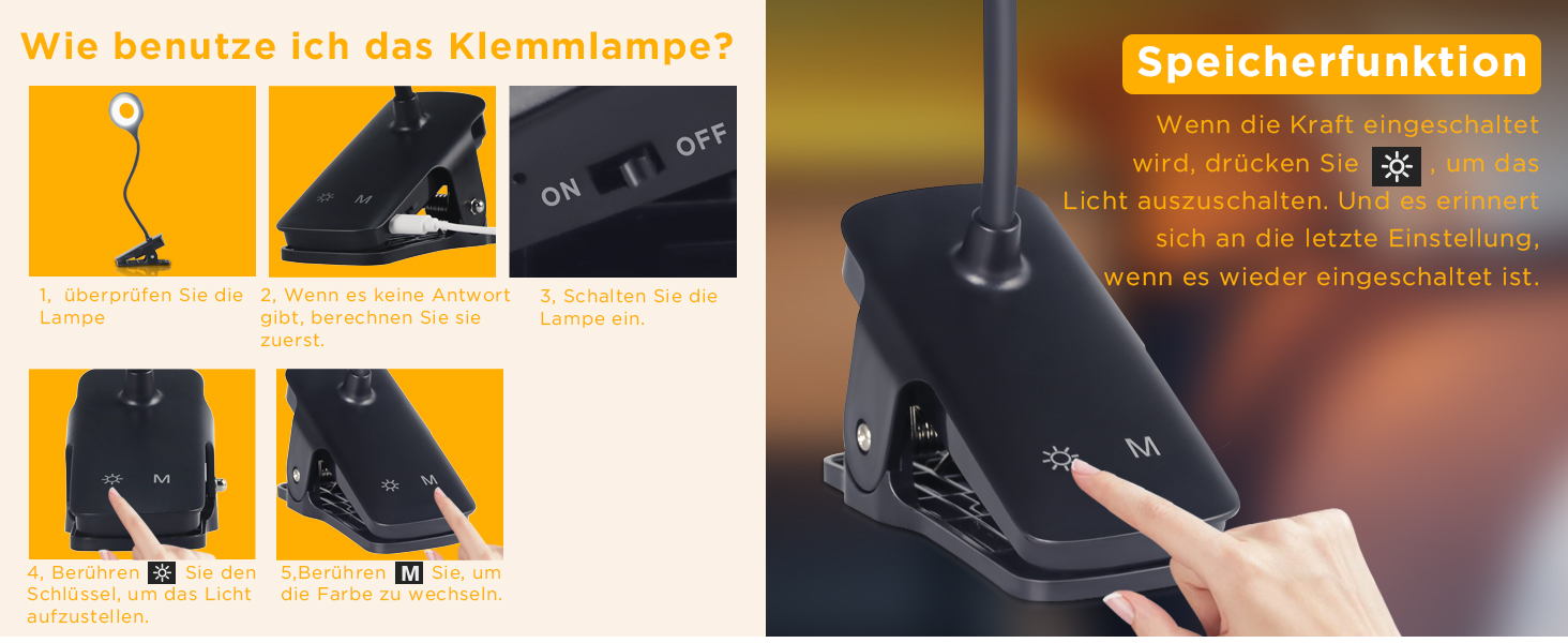 Нічник Akynite 3W на прищіпці, LED лампа для ліжка з акумулятором, USB-C зарядка, 5 кольорів, диммер, 28 LED, чорний