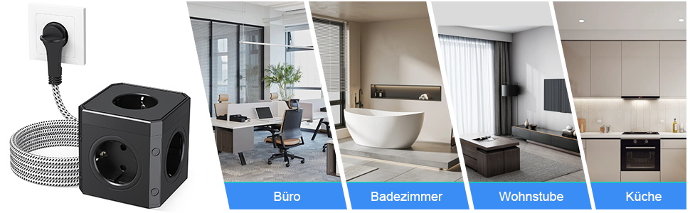 Блок розеток з USB-C, 4 розетки, плоский штекер, індивідуальне вмикання, багатофункціональна розетка-куб з 2м плетеним кабелем для офісу, дому, подорожей - Білий