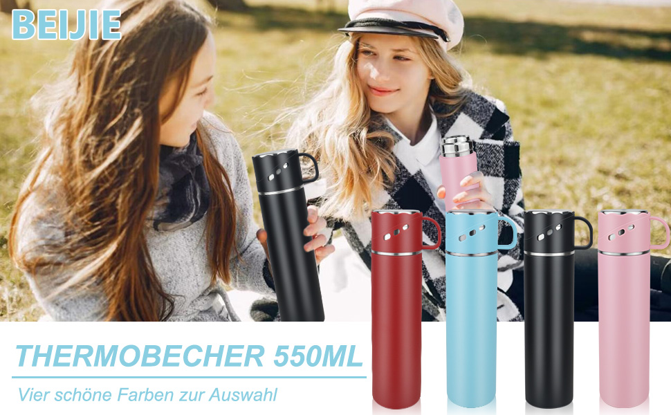 Термос з нержавіючої сталі 550 мл - термос-пляшка без протікань з чашкою та ручкою, вакуумний термокухоль 12 год гаряче / 12 год холодне, неслизький келих для кави в дорозі для спорту, роботи, школи, авто (Блакитний)